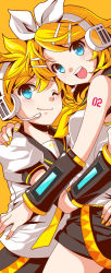 Rule 34 | 1boy, 1girl, aqua eyes, blonde hair, bow, brother and sister, cuddling, family, hair bow, hair ornament, hairclip, happy, headphones, hug, kagamine len, kagamine rin, looking at viewer, nacht (artist), necktie, one eye closed, open mouth, siblings, smile, tattoo, vocaloid, wink, yellow theme