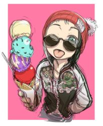 Rule 34 | 1girl, bikko, female focus, food, hand in pocket, hat, ice cream, ice cream cone, multicolored hair, original, solo, sunglasses, tongue, tongue out, yoshida on