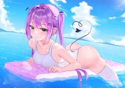 1girl absurdres alternate_costume bare_shoulders black_tail blue_sky breasts collarbone demon_girl demon_tail earrings green_eyes highres hololive jewelry lying medium_breasts ocean on_stomach one-piece_swimsuit partially_submerged purple_hair red_o7 sky solo sunlight swimsuit tail tokoyami_towa virtual_youtuber white_one-piece_swimsuit