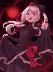 Rule 34 | 1girl, :d, black bow, black dress, bow, breasts, covered navel, dress, frilled dress, frills, gothic lolita, hair bow, highres, lolita fashion, long hair, looking at viewer, medium breasts, open mouth, overlord (maruyama), pink eyes, ponytail, red bow, red eyes, ru wan chi, shalltear bloodfallen, smile, solo, vampire