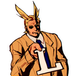 Rule 34 | 1boy, all might, antenna hair, blonde hair, blue necktie, boku no hero academia, closed mouth, collared shirt, commentary, dr. phil handing you the l (meme), english commentary, fenkko, formal, giving, highres, holding, jacket, long sleeves, looking at viewer, male focus, meme, necktie, shirt, short hair, simple background, solo, striped, suit, suit jacket, upper body, vertical stripes, white background, white shirt, yellow jacket