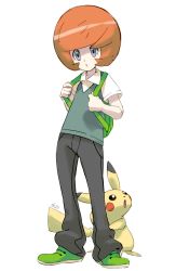 Rule 34 | 1boy, backpack, bag, black pants, commentary, creature, creatures (company), english commentary, full body, game freak, gen 1 pokemon, green footwear, grey eyes, highres, male focus, nintendo, orange hair, pants, pikachu, pinkgermy, pokemon, pokemon (creature), pokemon sm, shoes, signature, simple background, standing, tanding, trevor (pokemon), white background