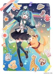 Rule 34 | 1girl, alien, animal, aqua eyes, aqua hair, band uniform, beamed eighth notes, bird, black skirt, blue headwear, blue jacket, blue thighhighs, blush stickers, cat, commentary, crescent moon, crypton future media, dog, doremifa rondo (vocaloid), earth (planet), eighth note, flying saucer, full body, giraffe, hands up, hatsune miku, hatsune miku happy 16th birthday -dear creators-, index finger raised, jacket, long hair, looking at viewer, mini shako cap, miniskirt, monkey, moon, musical note, musical note print, open mouth, planet, pleated skirt, pointing, quarter note, rabbit, rainbow, red headwear, second-party source, shoulder belt, signature, skirt, smile, solo, space, spacecraft, sun, tama (songe), tentacles, thighhighs, twintails, very long hair, vocaloid