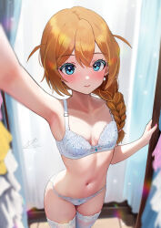 Rule 34 | 1girl, arm up, armpits, baba konomi, blue eyes, blurry, blurry foreground, blush, bra, braid, braided ponytail, brown hair, c (theta), changing room, collarbone, curtains, embroidered bra, flat chest, hair between eyes, hair over shoulder, highres, idolmaster, idolmaster million live!, indoors, light particles, long hair, looking at viewer, nail polish, navel, outstretched arm, panties, smile, solo, thighhighs, underwear, underwear only, white bra, white panties, white thighhighs