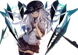 Rule 34 | 1girl, absurdres, black skirt, blue eyes, commentary, contrapposto, cowboy shot, expressionless, flat cap, hand on own hip, hat, hibiki (kancolle), highres, kaamin (mariarose753), kantai collection, long hair, looking at viewer, machinery, neckerchief, pleated skirt, school uniform, science fiction, serafuku, shirt, short sleeves, silver hair, skirt, solo, thighhighs, white background, white shirt