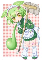 Rule 34 | 1girl, animal ears, bandaid, bandaid on knee, bandaid on leg, blush, flying sweatdrops, full body, green hair, high collar, highres, holding, holding mop, jacket, jersey maid, leaning to the side, long hair, long sleeves, loose socks, low ponytail, maid, maid headdress, mop, open mouth, ralico, socks, solo, teeth, track jacket, unconventional maid, upper teeth only, very long hair, voicevox, yellow eyes, zipper, zipper pull tab, zundamon