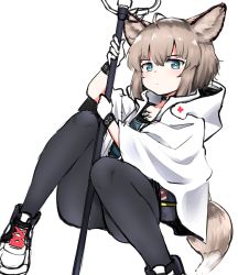 Rule 34 | 1girl, absurdres, ahoge, animal ears, aqua eyes, arknights, black pantyhose, blouse, blue shirt, choker, dawit, flat chest, fox ears, fox girl, fox tail, gloves, hair between eyes, highres, holding, holding staff, hood, hood down, infection monitor (arknights), lab coat, long sleeves, looking at viewer, material growth, medium hair, originium (arknights), oripathy lesion (arknights), pantyhose, petite, platinum blonde hair, shirt, shoes, simple background, sitting, sneakers, solo, staff, sussurro (arknights), tail, white background