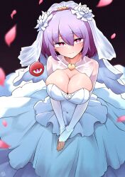 Rule 34 | 1girl, alternate costume, black background, breasts, cleavage, cowboy shot, dress, elbow gloves, flower, from above, gloves, hair flower, hair ornament, highres, komeiji satori, large breasts, looking at viewer, own hands together, petals, pink eyes, purple hair, scavia10, short hair, simple background, solo, touhou, wedding dress, white dress, white flower, white gloves, white headdress
