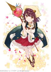 Rule 34 | 1girl, atelier (series), atelier sophie, blush, bonnet, boots, brown eyes, brown footwear, coat, cross-laced footwear, full body, hat, highres, holding, holding weapon, hugging object, jewelry, lace-up boots, looking at viewer, necklace, noco (adamas), open clothes, open coat, red hair, red skirt, skirt, smile, solo, sophie neuenmuller, staff, weapon, white background