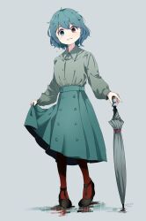 Rule 34 | 1girl, adapted costume, black footwear, blue eyes, blue hair, blue skirt, collared shirt, commentary request, full body, grey background, highres, long sleeves, red eyes, shirt, short hair, simple background, skirt, solo, tami (joemanyodw), tatara kogasa, touhou, umbrella