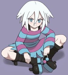 Rule 34 | 10s, 1girl, alternate hairstyle, blue eyes, blush, boots, butterfly sitting, creatures (company), freckles, full body, game freak, gym leader, hair bobbles, hair down, hair ornament, indian style, knee boots, looking at viewer, nintendo, pokemoa, pokemon, pokemon bw2, purple background, roxie (pokemon), shirt, short hair, simple background, sitting, solo, striped clothes, striped shirt, unworn hair ornament, white hair