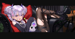 Rule 34 | 1girl, :&gt;, alternate costume, alternate hairstyle, armchair, bandaid, bandaid on knee, bandaid on leg, black collar, black footwear, black pantyhose, black ribbon, black shirt, boots, braid, candy, chain, chain necklace, chair, collar, cross-laced footwear, cushion, facial mark, food, from side, grey hair, hair between eyes, hair ornament, heart, heart facial mark, high heel boots, high heels, highres, holding, holding candy, holding food, holding lollipop, hololive, hololive english, jewel under eye, jewelry, knees up, koseki bijou, lace-up boots, leg ribbon, letterboxed, light blush, lollipop, long sleeves, looking at viewer, low twin braids, lying, multicolored hair, necklace, o-ring, o-ring thigh strap, off-shoulder shirt, off shoulder, on back, on chair, open mouth, outside border, pantyhose, pebble (koseki bijou), pink hair, platform boots, platform footwear, purple eyes, ribbon, shirt, sleeves past wrists, smile, solo, spiked collar, spikes, sppzr, streaked hair, thigh strap, torn clothes, torn pantyhose, twin braids, virtual youtuber