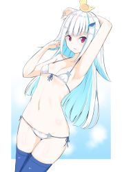 Rule 34 | 1girl, animal, animal on head, arm above head, arm up, armpits, bare shoulders, bikini, bird, blue background, blue hair, blue thighhighs, blunt bangs, breasts, breasts apart, chick, collarbone, cowboy shot, hair ornament, hairclip, kichihachi, lize helesta, long sleeves, looking at viewer, micro bikini, multicolored hair, navel, nijisanji, on head, open mouth, purple eyes, sebastian piyodore, simple background, small breasts, solo, swimsuit, thighhighs, two-tone hair, virtual youtuber, white hair