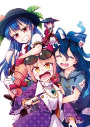 Rule 34 | 4girls, angry, arm on own head, blue hair, bow, bracelet, closed eyes, coat, cup, debt, drill hair, eyewear on head, floral print, food, fruit, hat, hinanawi tenshi, hood, hoodie, japanese clothes, jewelry, kimono, leaf, light brown hair, mikagami hiyori, multiple girls, necklace, open mouth, orange eyes, peach, pendant, purple hair, red eyes, ring, simple background, smile, sukuna shinmyoumaru, sunglasses, touhou, yorigami jo&#039;on, yorigami shion
