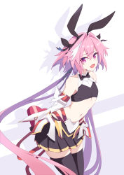 Rule 34 | 1boy, animal ears, astolfo (fate), astolfo (saber) (fate), bare shoulders, black thighhighs, blush, bow, bowtie, box, elbow gloves, fake animal ears, fang, fate/grand order, fate (series), gift, gloves, hair between eyes, hair bow, happy, heart-shaped box, holding, holding gift, kurisu~tina, long hair, looking at viewer, male focus, miniskirt, navel, open mouth, pink hair, purple eyes, rabbit ears, skin fang, skindentation, skirt, smile, solo, thighhighs, trap, twintails, underwear