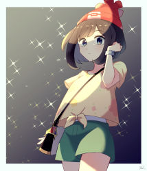 Rule 34 | 1girl, beanie, blush, border, bracelet, brown hair, creatures (company), floral print, game freak, green shorts, hand up, hat, highres, jewelry, looking at viewer, nintendo, parted lips, pokemon, pokemon sm, red hat, selene (pokemon), shirt, short shorts, short sleeves, shorts, solo, sparkle, t-shirt, tere asahi, tied shirt, white border, z-ring