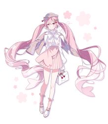 Rule 34 | 1girl, :3, absurdly long hair, asagao minoru, asymmetrical skirt, bag, bow, bowler hat, bowtie, cherry blossoms, cherry hair ornament, floating hair, food-themed hair ornament, frilled socks, frills, full body, gradient bowtie, grey hat, grey jacket, hair between eyes, hair ornament, handbag, hat, hatsune miku, highres, jacket, jacket on shoulders, light blush, loafers, long hair, long sleeves, looking at viewer, official alternate costume, pink eyes, pink hair, pink skirt, pink socks, pink theme, plaid, plaid jacket, pleated skirt, puffy long sleeves, puffy sleeves, sakura miku, sakura miku (rella), shirt, shoes, simple background, skirt, sleeves past wrists, smile, socks, solo, standing, tachi-e, twintails, very long hair, vocaloid, white footwear, white shirt