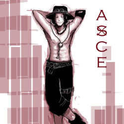 Rule 34 | 1boy, arms behind head, character name, hat, jewelry, leaning, male focus, muscular, necklace, one piece, portgas d. ace, topless male, solo, stampede string