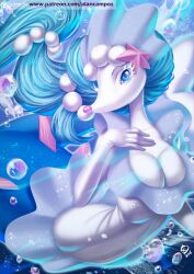 Rule 34 | 1girl, alanscampos, blue eyes, blue hair, breasts, bubble, cleavage, creatures (company), eyelashes, fins, fish tail, furry, furry female, game freak, gem, gen 7 pokemon, hair ornament, highres, large breasts, long hair, mermaid, monster girl, nintendo, pearl (gemstone), pokemon, pokemon (creature), primarina, spikes, starfish hair ornament, tail, underwater, very long hair
