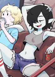 Rule 34 | 1boy, 1girl, :d, absurdres, adventure time, arm up, armpits, artist name, black nails, blonde hair, breasts, can, collarbone, colo (nagrolaz), colored skin, commentary, couch, crop top, dated, denim, denim shorts, drawstring, drink can, drinking, english commentary, fang, finn the human, grey skin, guitar, hair over one eye, hand in own hair, hand up, highres, holding, holding can, hood, hood down, instrument, jitome, knee up, looking at another, marceline abadeer, messy hair, midriff, navel, open mouth, pointy ears, short hair, short shorts, shorts, sitting, small breasts, smile, soda can, solid circle eyes, spread legs, sweatdrop, vampire