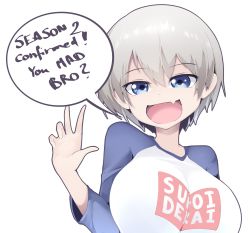 Rule 34 | 1girl, blue eyes, breasts, cleavage, commentary, english commentary, english text, grey hair, highres, hot vr, large breasts, looking at viewer, multicolored shirt, short hair, simple background, smug, solo, sugoi dekai, upper body, uzaki-chan wa asobitai!, uzaki hana, white background