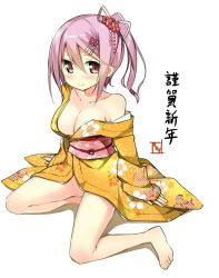 Rule 34 | 1girl, barefoot, blush, breasts, cleavage, highres, japanese clothes, kimono, looking at viewer, off shoulder, original, pink eyes, pink hair, short hair, simple background, sitting, sky-freedom, smile, solo, wariza, white background