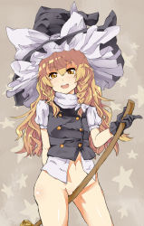 Rule 34 | 1girl, black gloves, blonde hair, bottomless, braid, broom, broom riding, cleft of venus, female focus, gloves, hair ribbon, hat, hat ribbon, highres, kirisame marisa, long hair, mochi hanpen, navel, open mouth, pussy, ribbon, shirt, solo, star (symbol), touhou, vest, witch, witch hat