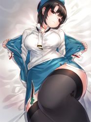 Rule 34 | 10s, 1girl, :&lt;, ascot, bed sheet, beret, black hair, black thighhighs, blue skirt, blush, breasts, closed mouth, dress shirt, fingernails, frown, garter straps, hat, head tilt, jacket, kantai collection, kfr, knee up, large breasts, long sleeves, looking at viewer, lying, medium breasts, miniskirt, on back, on bed, open clothes, open jacket, pencil skirt, red eyes, shirt, short hair, skirt, solo, takao (kancolle), thick thighs, thighhighs, thighs, white shirt