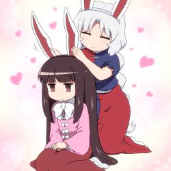 Rule 34 | 2girls, = =, animal ears, belt, blouse, blue dress, blunt bangs, blush, bow, bowtie, braid, brown eyes, brown hair, bunny day, closed eyes, commentary request, dress, expressionless, fake animal ears, gradient background, hands up, heart, houraisan kaguya, jitome, kneeling, lens flare, long braid, long dress, long hair, long sleeves, multicolored clothes, multicolored dress, multiple girls, no nose, no shoes, own hands together, petticoat, pink background, pink shirt, rabbit ears, red dress, red skirt, shirosato, shirt, short sleeves, silver hair, single braid, sitting, skirt, smile, socks, touhou, very long hair, wariza, white background, white belt, white bow, white legwear, white neckwear, wide sleeves, wing collar, yagokoro eirin