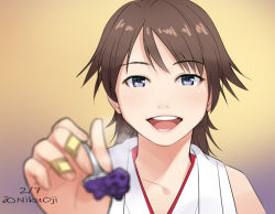 Rule 34 | 1girl, bad food, bandaid, bandaid on hand, brown hair, censored, dated, gradient background, hiei (kancolle), japanese clothes, kantai collection, mosaic censoring, nikuoji, open mouth, purple eyes, smile, solo, spoon, steam, twitter username