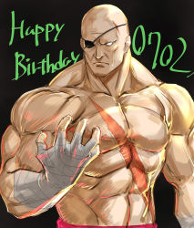 Rule 34 | 1boy, abs, bald, bandages, bandaged hand, bandages, black background, eyepatch, happy birthday, highres, male focus, manly, muscular, no pupils, one-eyed, pectorals, sagat, scar, topless male, solo, street fighter, street fighter ii (series), tetsu (kimuchi)