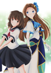 2girls absurdres armlet black_skirt blue_pupils bow breasts brown_hair brown_pupils dress dual_persona earrings flat_chest gloves green_background hair_bow highres jewelry katarina_claes long_hair looking_at_another multiple_girls otome_game_no_hametsu_flag_shika_nai_akuyaku_reijou_ni_tensei_shite_shimatta red_bow reincarnation school_uniform skirt small_breasts smile sparkle_background white_dress white_gloves yanasemick