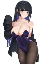 Rule 34 | 1girl, absurdres, aqua eyes, arm behind back, armpit crease, artist name, bare shoulders, black hair, black jacket, blunt bangs, blush, bocchi the rock!, breasts, brown pantyhose, chin piercing, cleavage, collarbone, colored inner hair, commentary request, contrapposto, cowboy shot, ear piercing, groin, hand up, highleg, highleg leotard, highres, jacket, large breasts, leotard, long hair, long sleeves, looking at viewer, mole, mole on breast, multicolored hair, off shoulder, open clothes, open jacket, pa-san, pantyhose, parted lips, piercing, purple hair, purple leotard, simple background, sleeves past fingers, sleeves past wrists, solo, standing, strapless, strapless leotard, thighband pantyhose, two-tone hair, white background, zandaka5yen