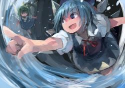 Rule 34 | 2girls, bad id, bad twitter id, blue dress, blue eyes, blue hair, bow, cirno, daiyousei, dress, fairy wings, flying, green eyes, green hair, hair ornament, hair ribbon, ice, ice wings, ichiba youichi, looking at another, looking back, multiple girls, open mouth, outstretched arms, pointing, ponytail, puffy sleeves, ribbon, shirt, short hair, short sleeves, side ponytail, skirt, skirt set, smile, touhou, wings