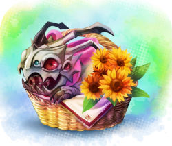 Rule 34 | basket, bow, claws, flower, gradient background, halftone, halftone background, in container, kog&#039;maw, league of legends, mizoreame, monster, no humans, open mouth, plant, red eyes, ribbon, solo, sunflower, white background