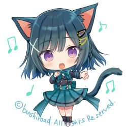 Rule 34 | 1girl, :d, animal ears, beamed eighth notes, black hair, black jacket, black socks, blue bow, blue skirt, blush, bow, braid, cardfight!! vanguard, cat ears, cat girl, cat tail, character request, chibi, copyright notice, eighth note, full body, hair ornament, hairclip, jacket, loafers, long sleeves, looking at viewer, loose socks, lowres, musical note, official art, open mouth, pleated skirt, purple eyes, quarter note, shirt, shoes, simple background, skirt, smile, socks, solo, standing, tail, watermark, white background, white footwear, white shirt, x hair ornament, yuuki rika