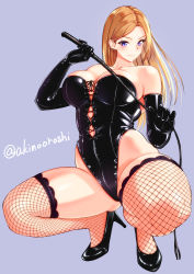 Rule 34 | 1girl, akino-oroshi, bare shoulders, bdsm, blonde hair, bondage, bondage outfit, bound, breasts, cleavage, curvy, elbow gloves, fishnet thighhighs, fishnets, gloves, high heels, highleg, highleg leotard, highres, large breasts, leather, leather gloves, leather suit, leotard, long hair, looking at viewer, original, seductive smile, signature, smile, spread legs, squatting, squatting cowgirl position, thick thighs, thighhighs, thighs, twitter username, whip