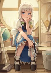 Rule 34 | 1girl, absurdres, apron, beaker, black footwear, black ribbon, blue dress, blue eyes, blush, book, bow, box, braid, broom, bucket, cardboard box, clock, commentary request, cup, dress, frilled apron, frills, full body, globe, goback, gohei, grandfather clock, green bow, grin, hair bow, hand up, head rest, highres, holding, holding knife, holding pocket watch, holding weapon, indoors, izayoi sakuya, knife, lips, looking at viewer, maid, maid apron, maid headdress, mary janes, mop, neck ribbon, parted lips, pocket watch, puffy short sleeves, puffy sleeves, railing, ribbon, shadow, shide, shirt, shoes, short hair, short sleeves, silver hair, sitting, smile, socks, solo, touhou, twin braids, waist apron, watch, water, weapon, white apron, white bow, white shirt, white socks, window