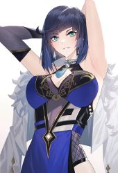 Rule 34 | 1girl, armpits, arms up, blue dress, blue hair, blunt bangs, bob cut, breasts, cleavage, dice, dress, genshin impact, green eyes, highres, large breasts, mole, mole on breast, raitho, simple background, smile, upper body, white background, yelan (genshin impact)