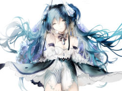 Rule 34 | 1girl, blue hair, brown eyes, collar, detached sleeves, dress, hair ornament, hatsune miku, highres, long hair, looking at viewer, sa&#039;yuki, simple background, solo, strapless, strapless dress, vocaloid, white background, white dress
