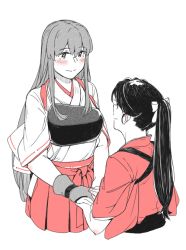 Rule 34 | 2girls, akagi (kancolle), bow, breasts, closed mouth, commentary, cropped torso, crying, crying with eyes open, eye contact, fingernails, gloves, hair between eyes, hair bow, hair over shoulder, hair ribbon, hakama, hakama skirt, height difference, hip vent, holding hands, houshou (kancolle), japanese clothes, kantai collection, kimono, long hair, looking at another, monochrome, multiple girls, muneate, partially fingerless gloves, partly fingerless gloves, ponytail, remodel (kantai collection), ribbon, ribbon-trimmed sleeves, ribbon trim, simple background, skirt, smile, spot color, swept bangs, tasuki, tears, weidashming, white background, yugake