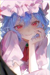 Rule 34 | 1girl, ascot, blue hair, brooch, fang, frilled sleeves, frills, hair between eyes, hat, highres, jewelry, looking at viewer, mob cap, open mouth, pink hat, pink shirt, pkokonatu, red ascot, red eyes, remilia scarlet, shirt, short hair, short sleeves, simple background, skin fang, smile, solo, touhou, twitter username, upper body, white background
