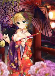 Rule 34 | 1girl, bare shoulders, blonde hair, blush, bow, breasts, bridge, cleavage, collarbone, earrings, floral print, flower, green eyes, hair bow, hair flower, hair ornament, highres, holding, holding smoking pipe, idolmaster, idolmaster cinderella girls, japanese clothes, jewelry, kimono, kiseru, kuria (clear trip second), lantern, large breasts, looking at viewer, miyamoto frederica, nail polish, necklace, off shoulder, oil-paper umbrella, paper lantern, short hair, smile, smoking pipe, solo, stream, umbrella, water, wide sleeves