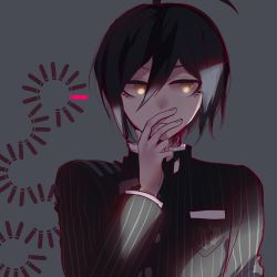 Rule 34 | 1boy, ahoge, aki (a2006p1074), black hair, breast pocket, brown eyes, commentary request, covering own mouth, danganronpa (series), danganronpa v3: killing harmony, grey background, hair between eyes, hand over own mouth, highres, jacket, long sleeves, male focus, pocket, saihara shuichi, short hair, solo, striped clothes, striped jacket, upper body