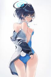 1girl absurdres adjusting_clothes adjusting_leotard alternate_costume animal_ears ass bare_shoulders black_hair blue-framed_eyewear blue_archive blue_eyes blue_halo blue_leotard breasts chihiro_(blue_archive) commentary_request cowboy_shot detached_collar fake_tail from_behind glasses grey_background hair_between_eyes hair_ornament halo highleg highleg_leotard highres jacket jacket_partially_removed leotard looking_at_viewer looking_back medium_breasts open_clothes open_jacket parted_lips playboy_bunny rabbit_hair_ornament rabbit_tail ryo_(ryo_skrdi) semi-rimless_eyewear short_hair sideboob signature simple_background solo strapless strapless_leotard tail thighs white_jacket