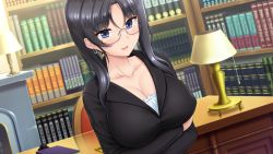 Rule 34 | 1girl, black hair, blue eyes, blush, breasts, chair, cleavage, crossed arms, earrings, eyebrows, formal, game cg, glasses, hair over shoulder, indoors, jewelry, large breasts, library, lizabell worth, long hair, looking at viewer, original, paizuri fiancee, parted lips, semi-rimless eyewear, short hair with long locks, smile, solo, standing, suit, uni8, upper body
