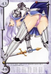 Rule 34 | 00s, 10s, 1girl, annelotte, annelotte (queen's blade), armor, armored dress, ass, bent over, blue eyes, breasts, eiwa, frilled panties, frills, hand on own hip, highres, knight princess annelotte, large breasts, long hair, looking back, open mouth, panties, purple hair, purple panties, queen&#039;s blade, queen&#039;s blade rebellion, sideboob, skirt, solo, spread legs, sword, thighhighs, tiara, underwear, upskirt, weapon