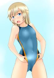 Rule 34 | 1girl, blonde hair, blue eyes, competition swimsuit, helma lennartz, long hair, one-piece swimsuit, solo, strike witches, strike witches: suomus misfits squadron, swimsuit, tanaka rikimaru, world witches series