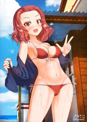 Rule 34 | 1girl, bikini, blush, breasts, cameltoe, cleavage, collarbone, female focus, girls und panzer, groin, highres, large breasts, looking at viewer, megadeko, navel, open mouth, outdoors, red bikini, red hair, rosehip (girls und panzer), short hair, side-tie bikini bottom, sky, smile, solo, swimsuit, yellow eyes