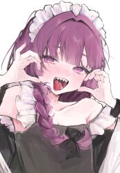 Rule 34 | 1girl, blush, bocchi the rock!, braid, dress, flat chest, hair over shoulder, highres, hiroi kikuri, iq033, long hair, looking at viewer, maid headdress, open mouth, purple eyes, purple hair, sharp teeth, simple background, sketch, smile, solo, teeth, tongue, tongue out, upper body, white background
